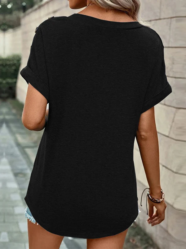Loose Short Sleeves Buttoned Solid Color V-Neck T-Shirts Tops - Image 19
