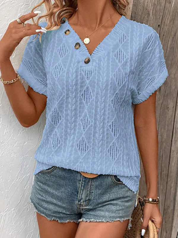 Loose Short Sleeves Buttoned Solid Color V-Neck T-Shirts Tops - Image 11