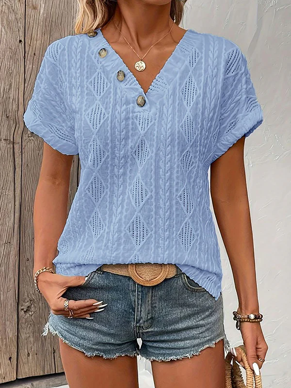 Loose Short Sleeves Buttoned Solid Color V-Neck T-Shirts Tops - Image 12