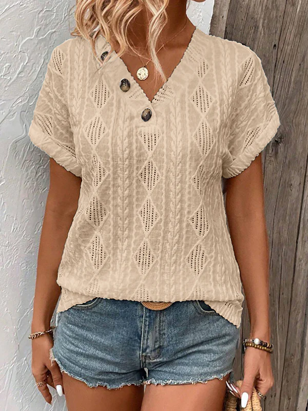 Loose Short Sleeves Buttoned Solid Color V-Neck T-Shirts Tops - Image 13