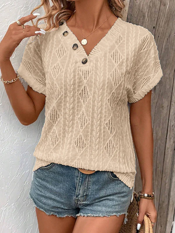 Loose Short Sleeves Buttoned Solid Color V-Neck T-Shirts Tops - Image 14