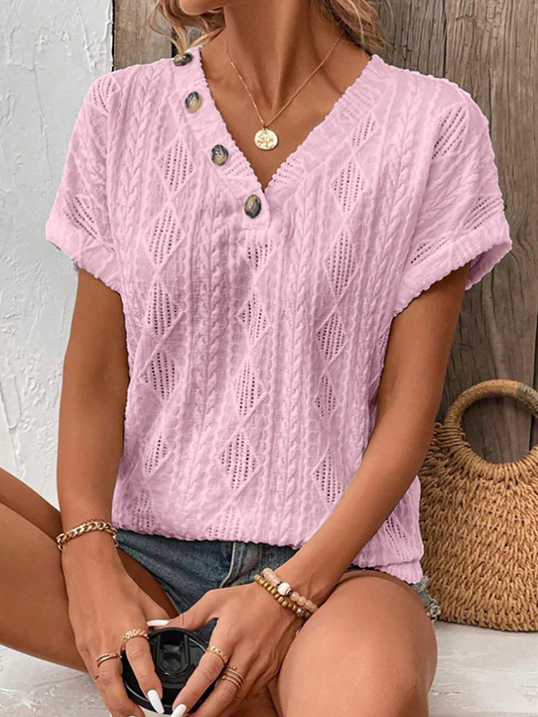 Loose Short Sleeves Buttoned Solid Color V-Neck T-Shirts Tops - Image 4