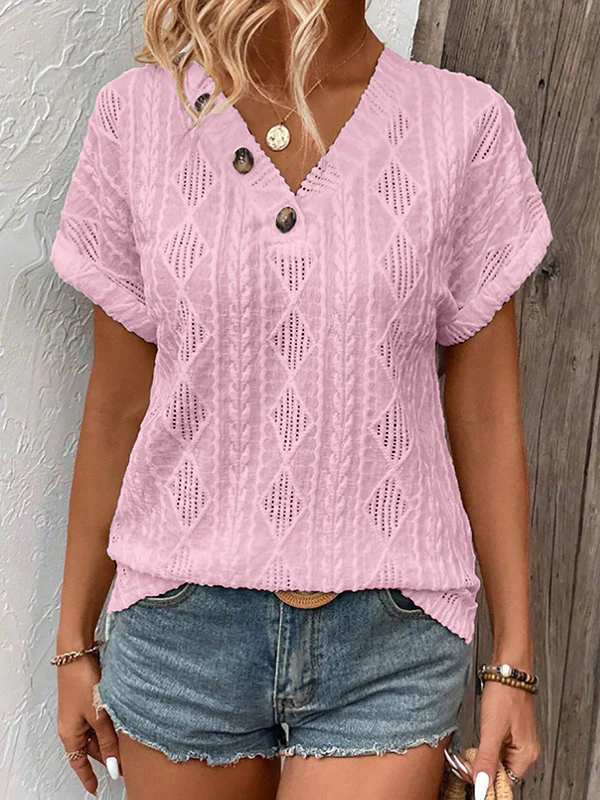 Loose Short Sleeves Buttoned Solid Color V-Neck T-Shirts Tops - Image 5
