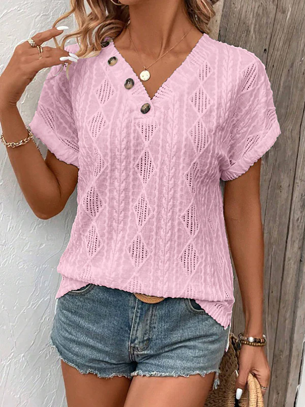Loose Short Sleeves Buttoned Solid Color V-Neck T-Shirts Tops - Image 6