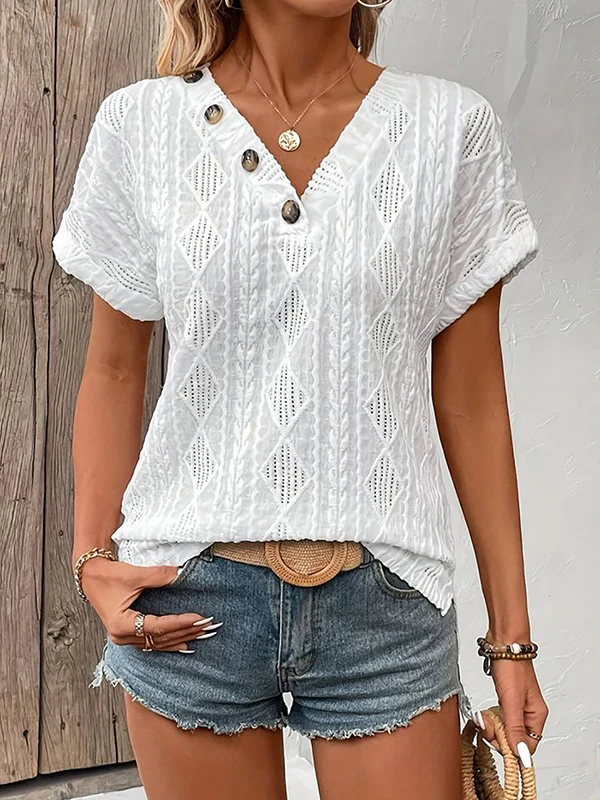 Loose Short Sleeves Buttoned Solid Color V-Neck T-Shirts Tops - Image 7