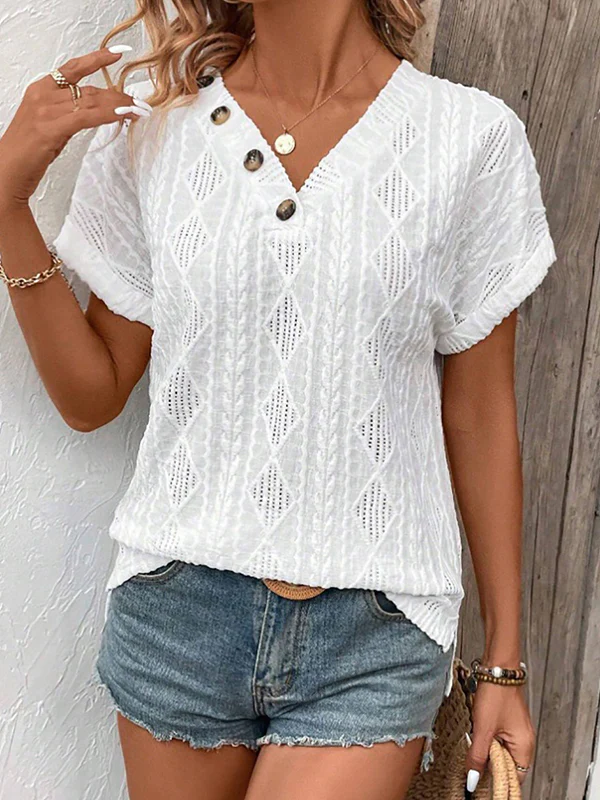 Loose Short Sleeves Buttoned Solid Color V-Neck T-Shirts Tops - Image 8