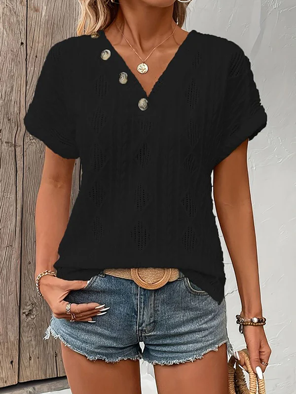 Loose Short Sleeves Buttoned Solid Color V-Neck T-Shirts Tops - Image 9