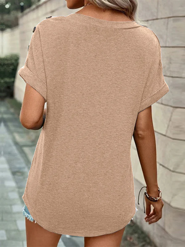 Loose Short Sleeves Buttoned Solid Color V-Neck T-Shirts Tops - Image 20