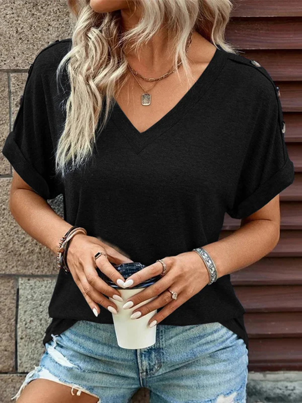 Loose Short Sleeves Buttoned Solid Color V-Neck T-Shirts Tops - Image 7