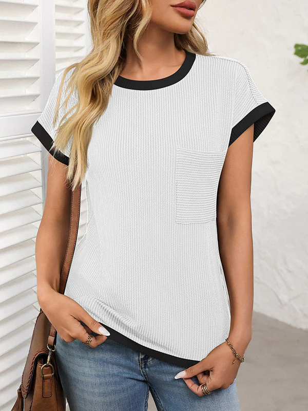 Loose Short Sleeves Colorful Contrast Color Pockets Round-neck T-Shirts Tops - Image 11