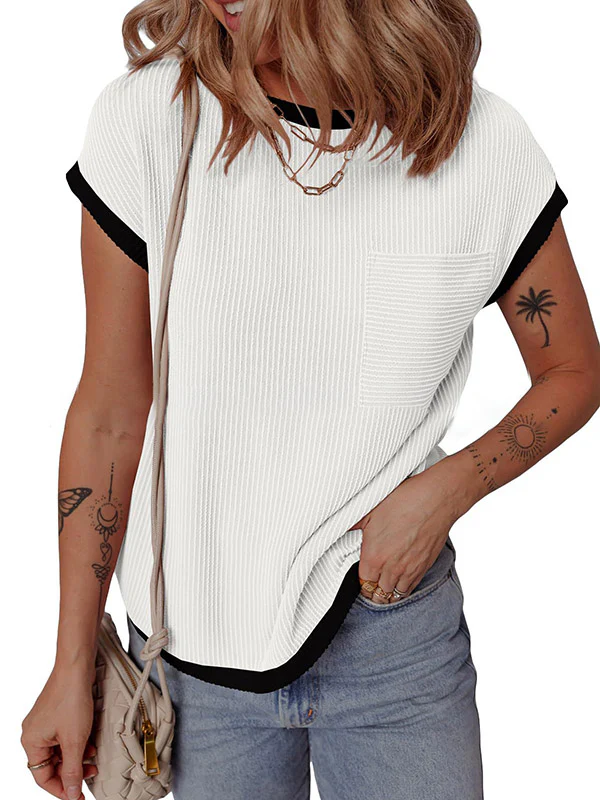 Loose Short Sleeves Colorful Contrast Color Pockets Round-neck T-Shirts Tops - Image 14