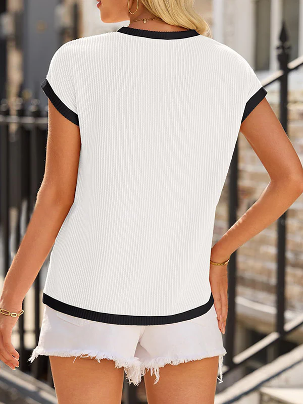 Loose Short Sleeves Colorful Contrast Color Pockets Round-neck T-Shirts Tops - Image 15