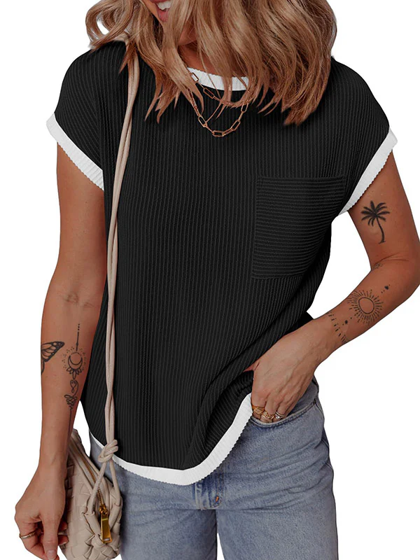Loose Short Sleeves Colorful Contrast Color Pockets Round-neck T-Shirts Tops - Image 16