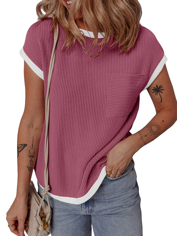 Loose Short Sleeves Colorful Contrast Color Pockets Round-neck T-Shirts Tops - Image 17