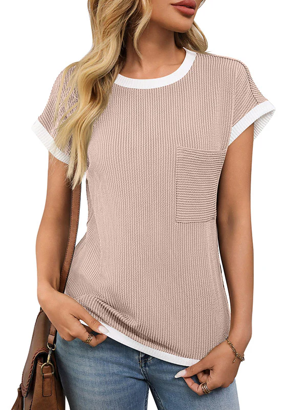 Loose Short Sleeves Colorful Contrast Color Pockets Round-neck T-Shirts Tops - Image 18