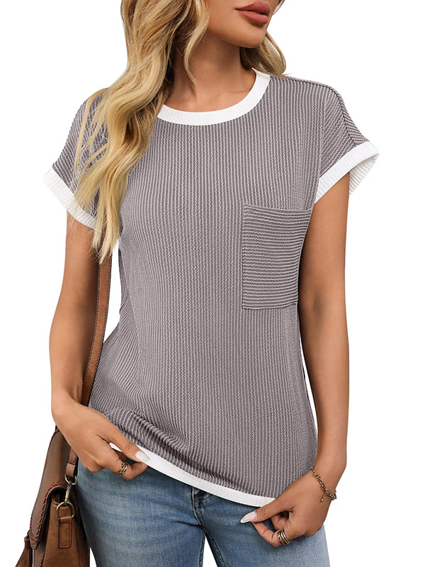 Loose Short Sleeves Colorful Contrast Color Pockets Round-neck T-Shirts Tops - Image 19