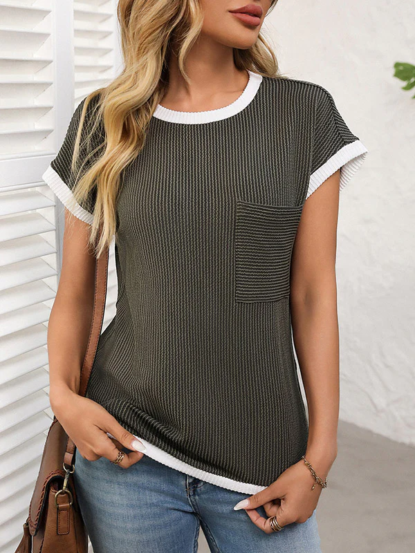 Loose Short Sleeves Colorful Contrast Color Pockets Round-neck T-Shirts Tops - Image 6