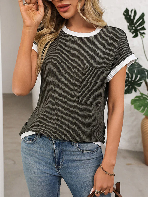 Loose Short Sleeves Colorful Contrast Color Pockets Round-neck T-Shirts Tops - Image 8