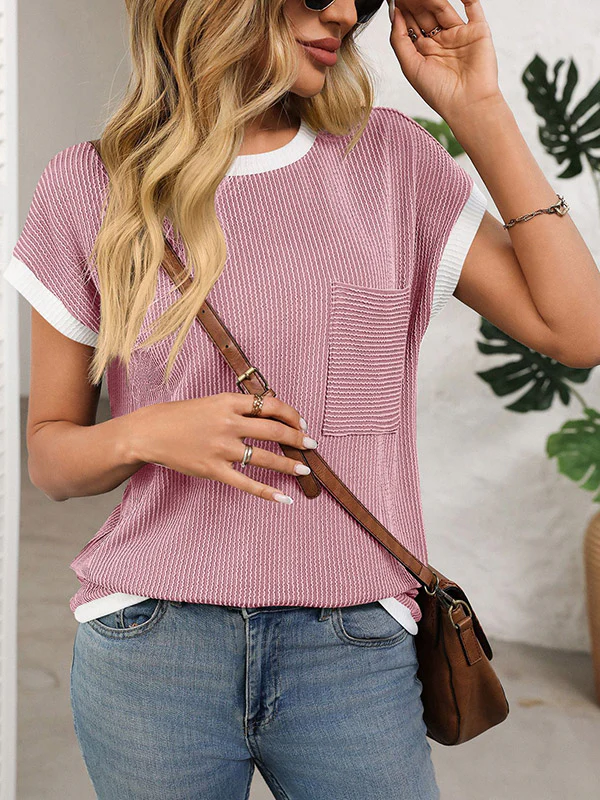 Loose Short Sleeves Colorful Contrast Color Pockets Round-neck T-Shirts Tops - Image 9