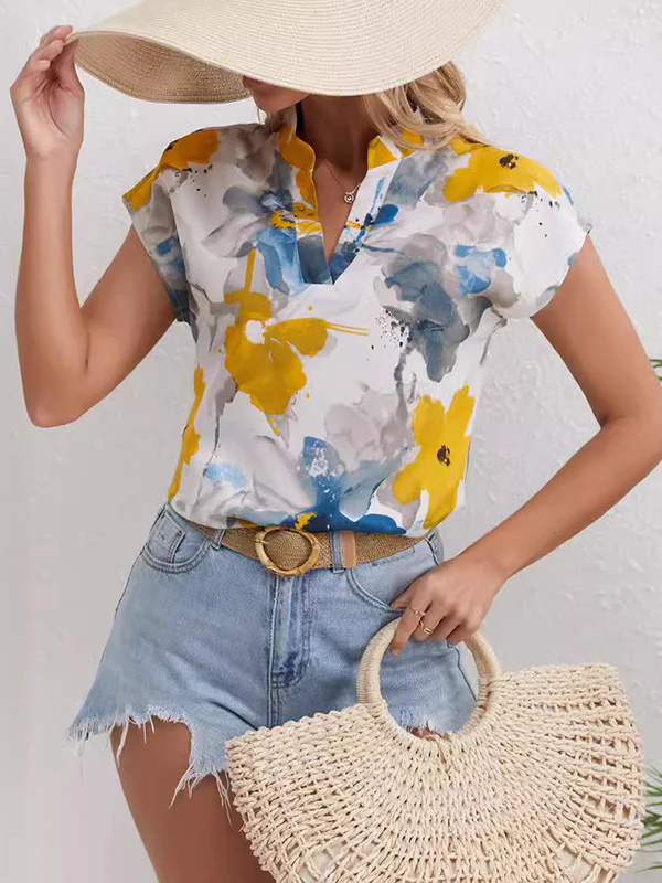 Loose Short Sleeves Comfort Contrast Color Flower Print V-Neck Blouses&Shirts Tops - Image 4