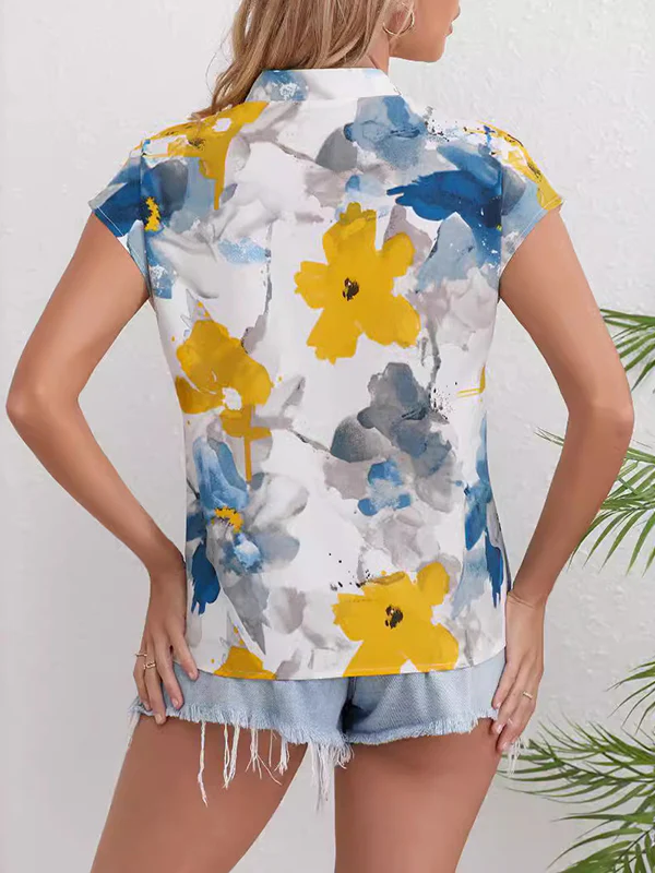 Loose Short Sleeves Comfort Contrast Color Flower Print V-Neck Blouses&Shirts Tops - Image 5