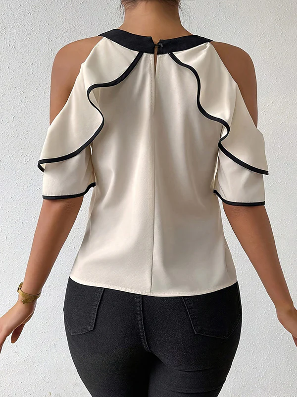Loose Short Sleeves Contrast Color Double Layered Tied Cold Shoulder Blouses&Shirts Tops - Image 5