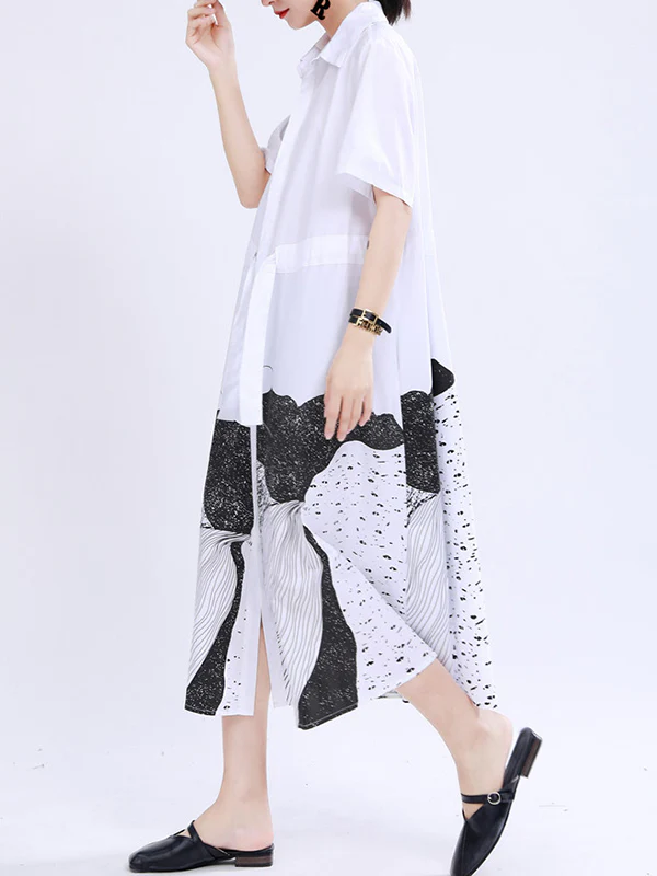 Loose Short Sleeves Contrast Color Drawstring Printed Tied Waist Lapel Midi Dresses Shirt Dress - Image 10