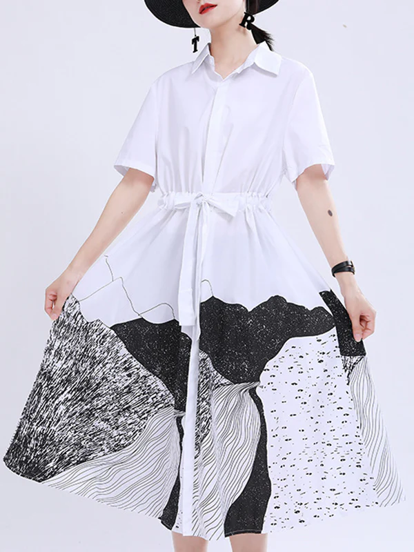 Loose Short Sleeves Contrast Color Drawstring Printed Tied Waist Lapel Midi Dresses Shirt Dress - Image 11