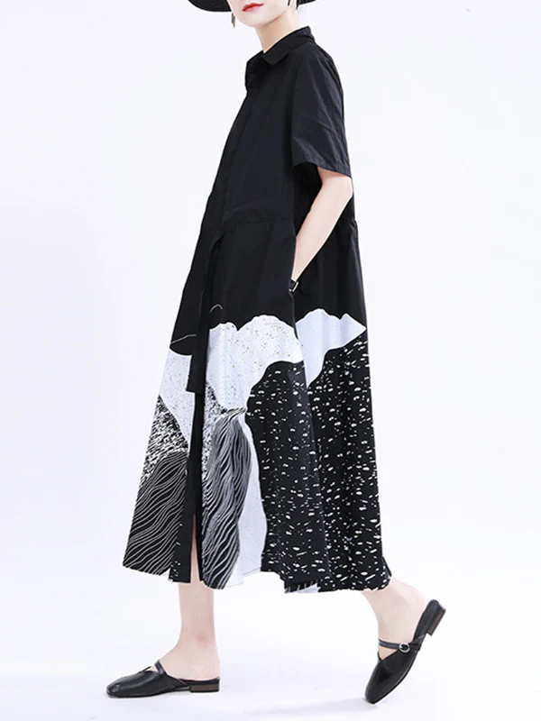 Loose Short Sleeves Contrast Color Drawstring Printed Tied Waist Lapel Midi Dresses Shirt Dress - Image 2