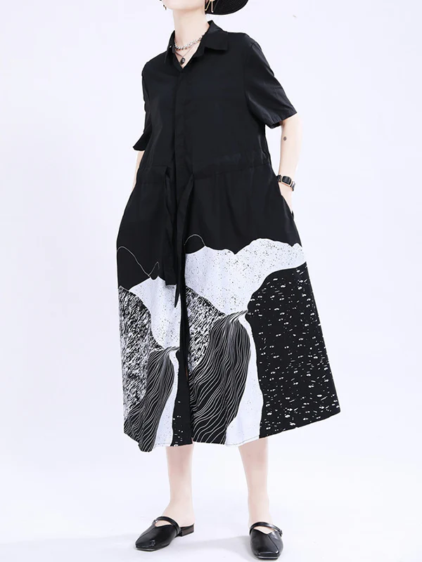 Loose Short Sleeves Contrast Color Drawstring Printed Tied Waist Lapel Midi Dresses Shirt Dress - Image 3