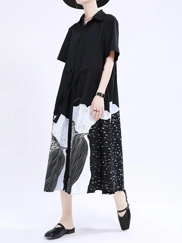 Loose Short Sleeves Contrast Color Drawstring Printed Tied Waist Lapel Midi Dresses Shirt Dress - Image 4