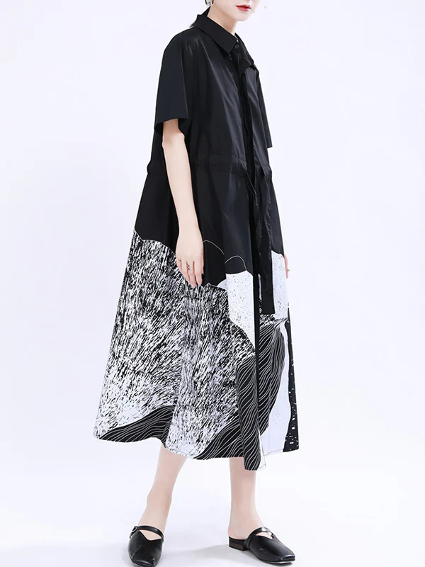 Loose Short Sleeves Contrast Color Drawstring Printed Tied Waist Lapel Midi Dresses Shirt Dress - Image 5