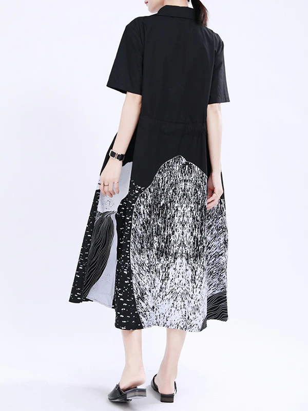 Loose Short Sleeves Contrast Color Drawstring Printed Tied Waist Lapel Midi Dresses Shirt Dress - Image 6