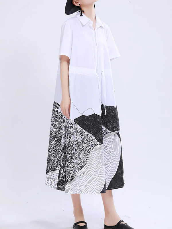 Loose Short Sleeves Contrast Color Drawstring Printed Tied Waist Lapel Midi Dresses Shirt Dress - Image 7