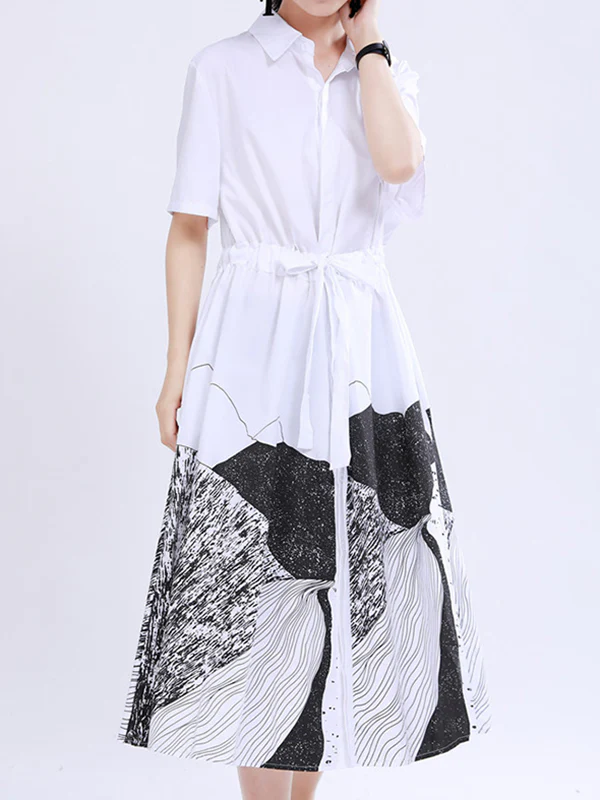 Loose Short Sleeves Contrast Color Drawstring Printed Tied Waist Lapel Midi Dresses Shirt Dress - Image 8