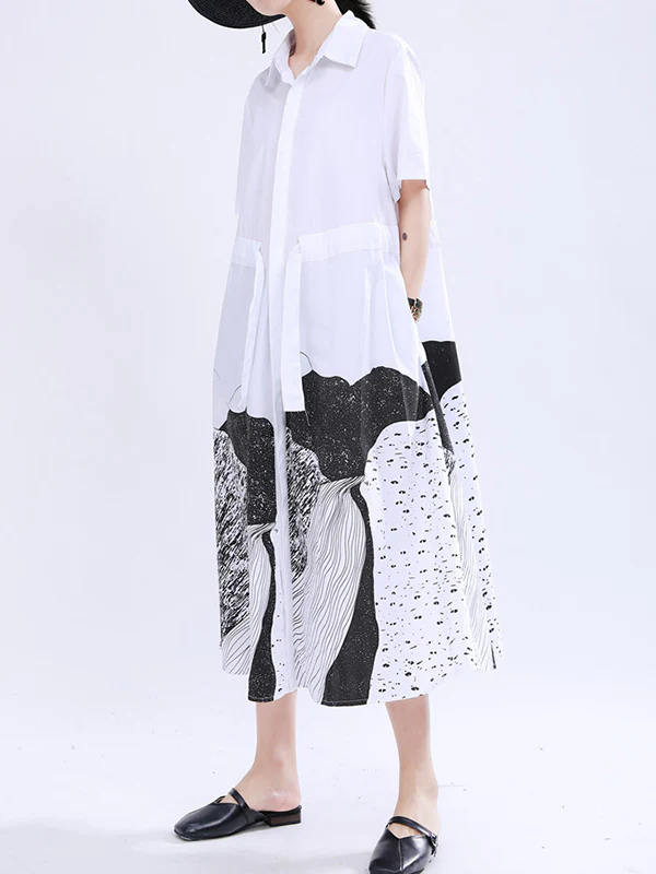 Loose Short Sleeves Contrast Color Drawstring Printed Tied Waist Lapel Midi Dresses Shirt Dress - Image 9