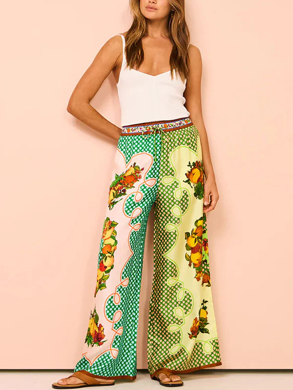 Loose Short Sleeves Contrast Color Floral Printed Lapel Shirt Top&Pants Two Pieces Set - Image 11