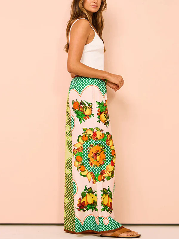 Loose Short Sleeves Contrast Color Floral Printed Lapel Shirt Top&Pants Two Pieces Set - Image 12