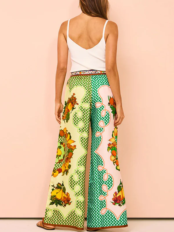 Loose Short Sleeves Contrast Color Floral Printed Lapel Shirt Top&Pants Two Pieces Set - Image 13