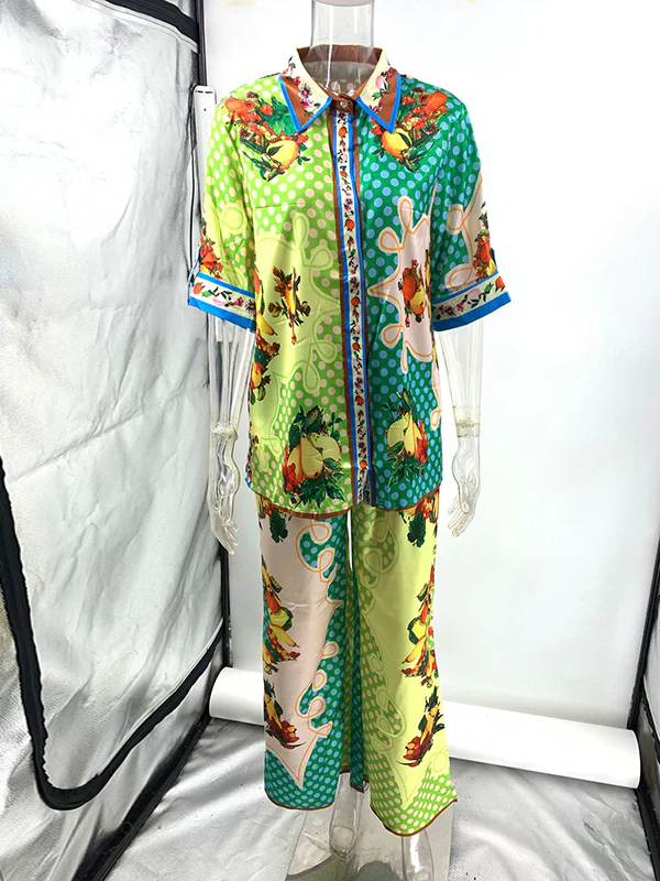 Loose Short Sleeves Contrast Color Floral Printed Lapel Shirt Top&Pants Two Pieces Set - Image 14