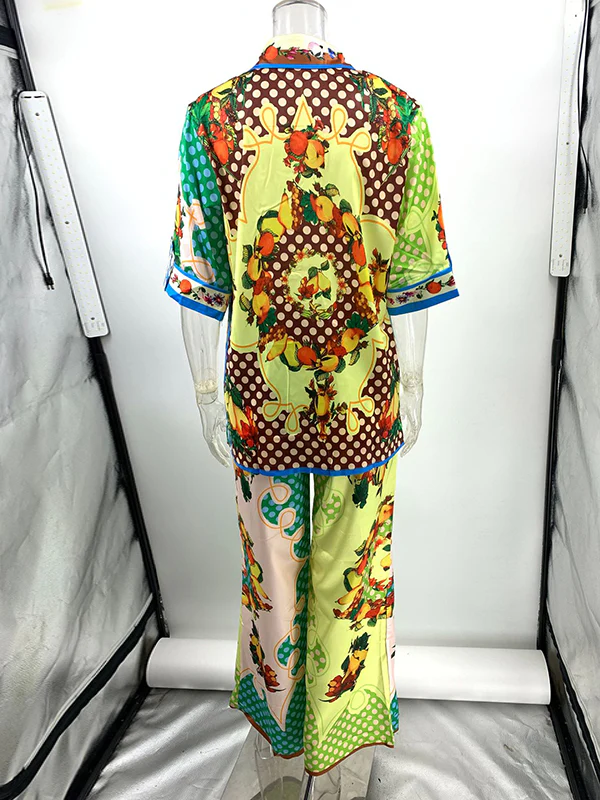 Loose Short Sleeves Contrast Color Floral Printed Lapel Shirt Top&Pants Two Pieces Set - Image 15