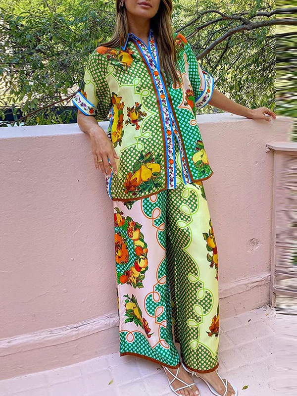 Loose Short Sleeves Contrast Color Floral Printed Lapel Shirt Top&Pants Two Pieces Set - Image 2