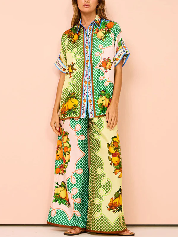 Loose Short Sleeves Contrast Color Floral Printed Lapel Shirt Top&Pants Two Pieces Set - Image 3