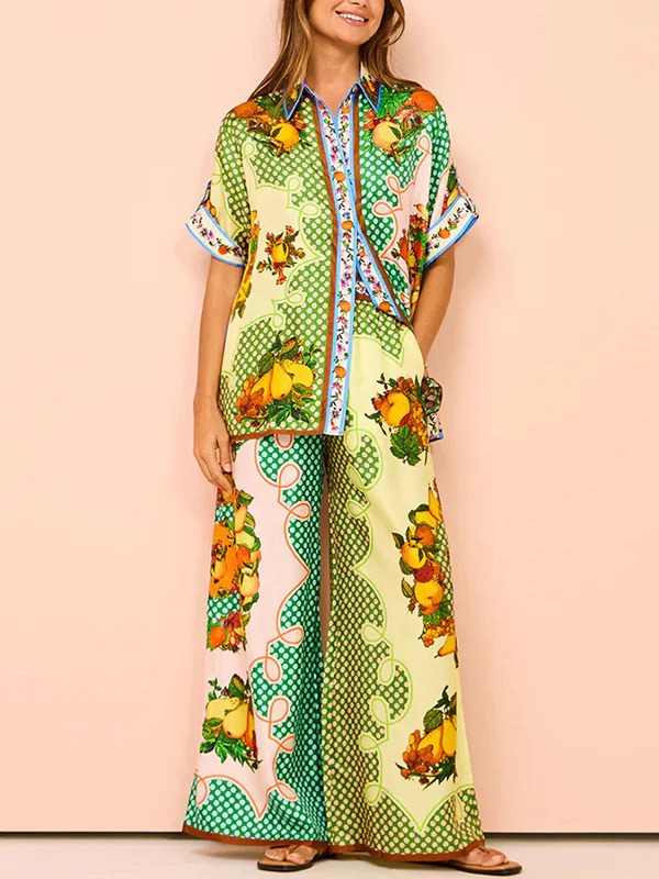 Loose Short Sleeves Contrast Color Floral Printed Lapel Shirt Top&Pants Two Pieces Set - Image 4