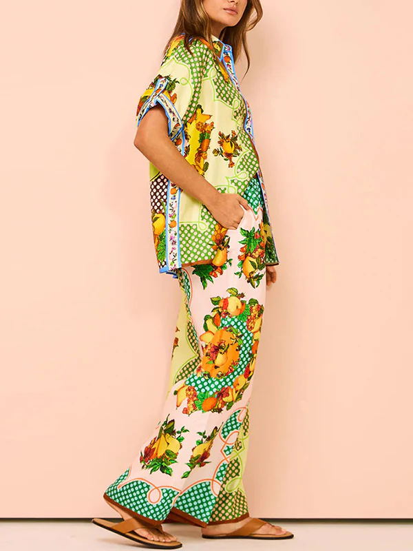 Loose Short Sleeves Contrast Color Floral Printed Lapel Shirt Top&Pants Two Pieces Set - Image 5