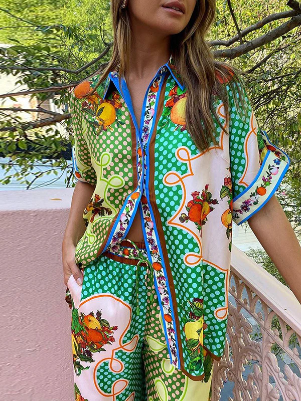 Loose Short Sleeves Contrast Color Floral Printed Lapel Shirt Top&Pants Two Pieces Set - Image 6
