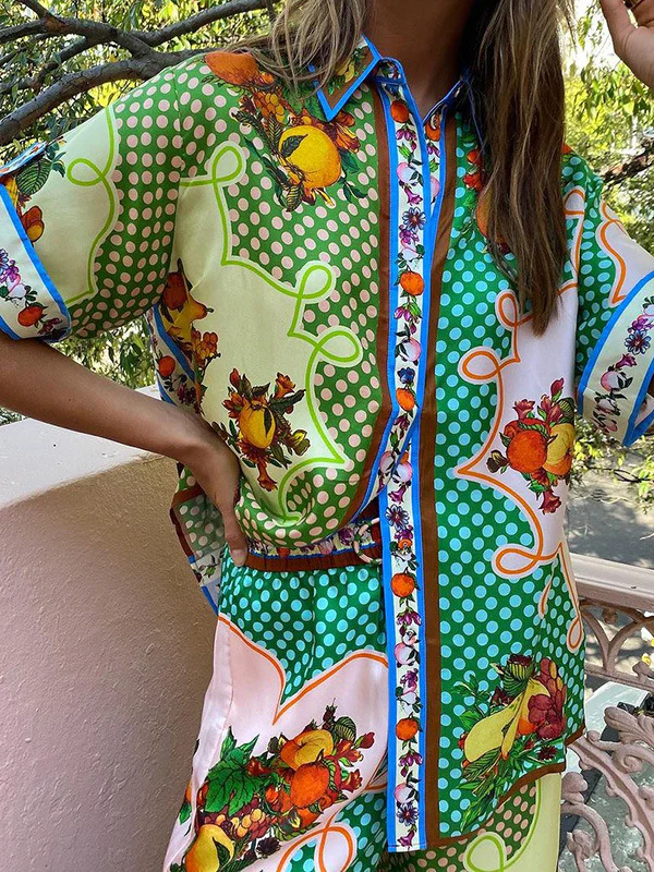Loose Short Sleeves Contrast Color Floral Printed Lapel Shirt Top&Pants Two Pieces Set - Image 7