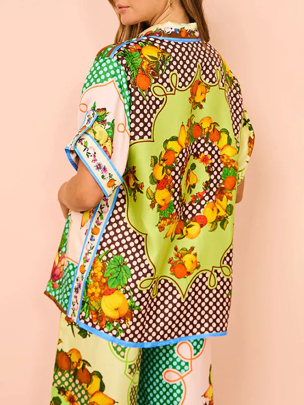 Loose Short Sleeves Contrast Color Floral Printed Lapel Shirt Top&Pants Two Pieces Set - Image 8