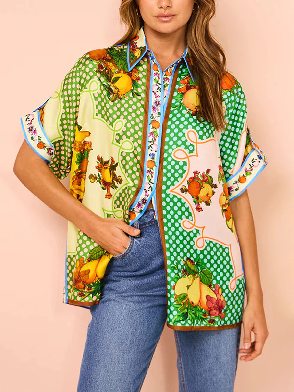 Loose Short Sleeves Contrast Color Floral Printed Lapel Shirt Top&Pants Two Pieces Set - Image 9