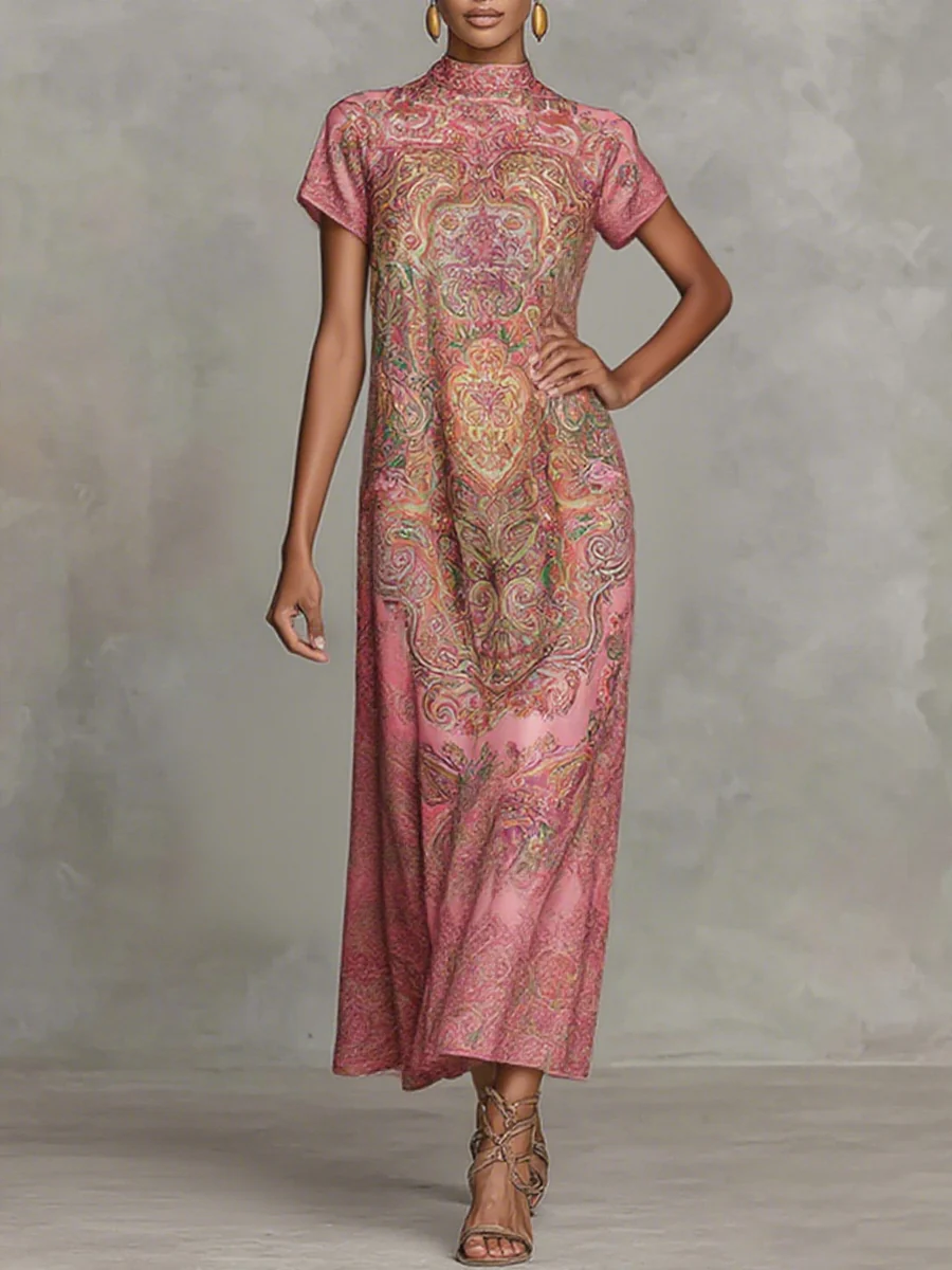 Loose Short Sleeves Contrast Color Flower Print Mock Neck Maxi Dresses - Image 2